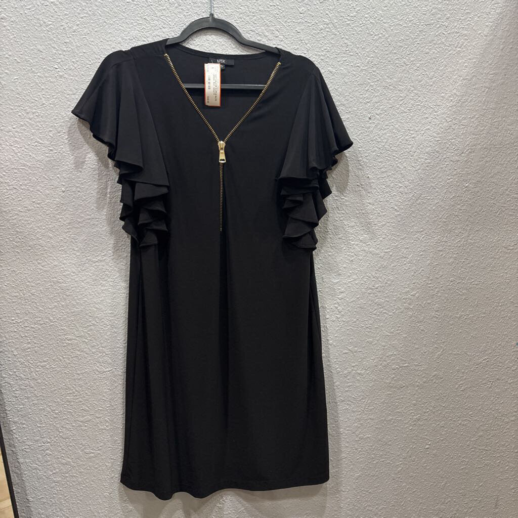 MSK,NWT HALFZIP RUFFLE SLVE DRESS ,BLK GOLD,S