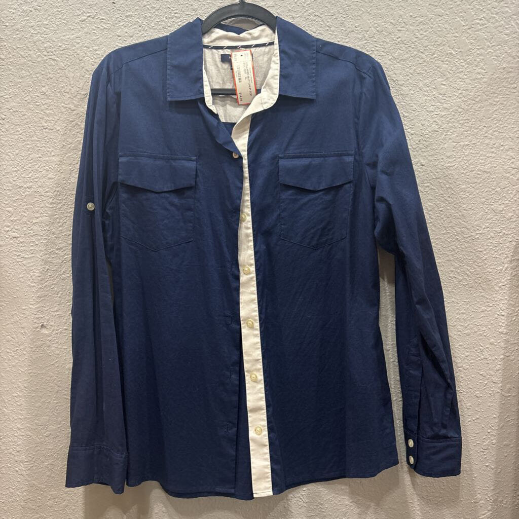 NAUTICA,COLLARED BUTTONUP TOP ,NVY WHT ,XL