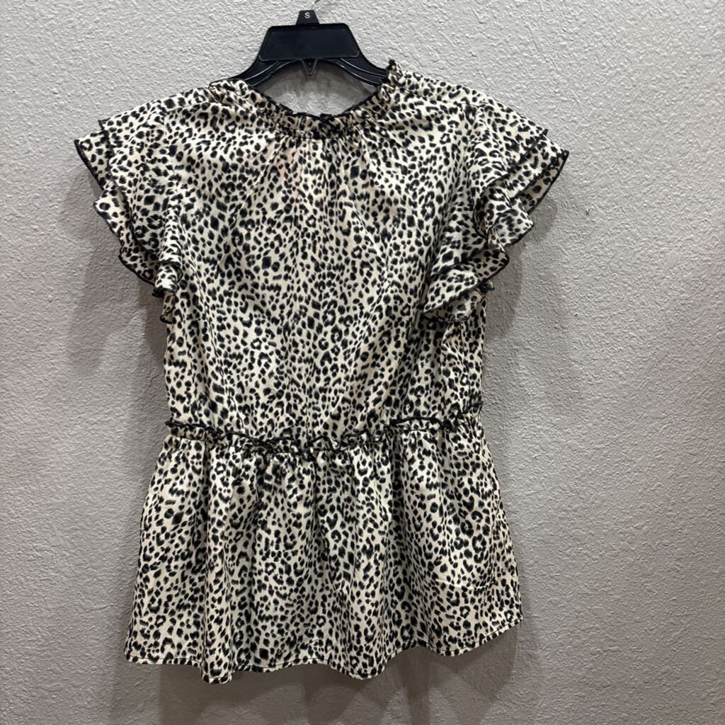 LEOPARD RUFFLE TOP ,BLK TAN ,S