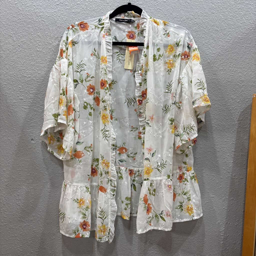 DOE & RAE,NWT FLORAL RUFFLE KIMONO,WHT MULTI ,S