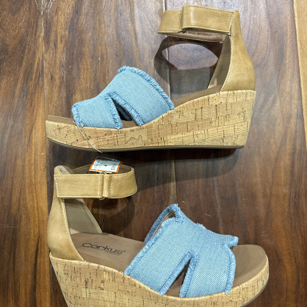CORKY'S,NEW DENIM WEDGE SANDAL ,BLUE BROWN ,7