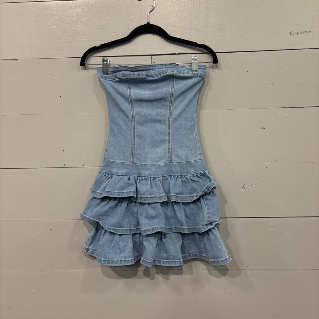 NO LABLE,*DENIM RUFFLE DRESS,BLUE,XS
