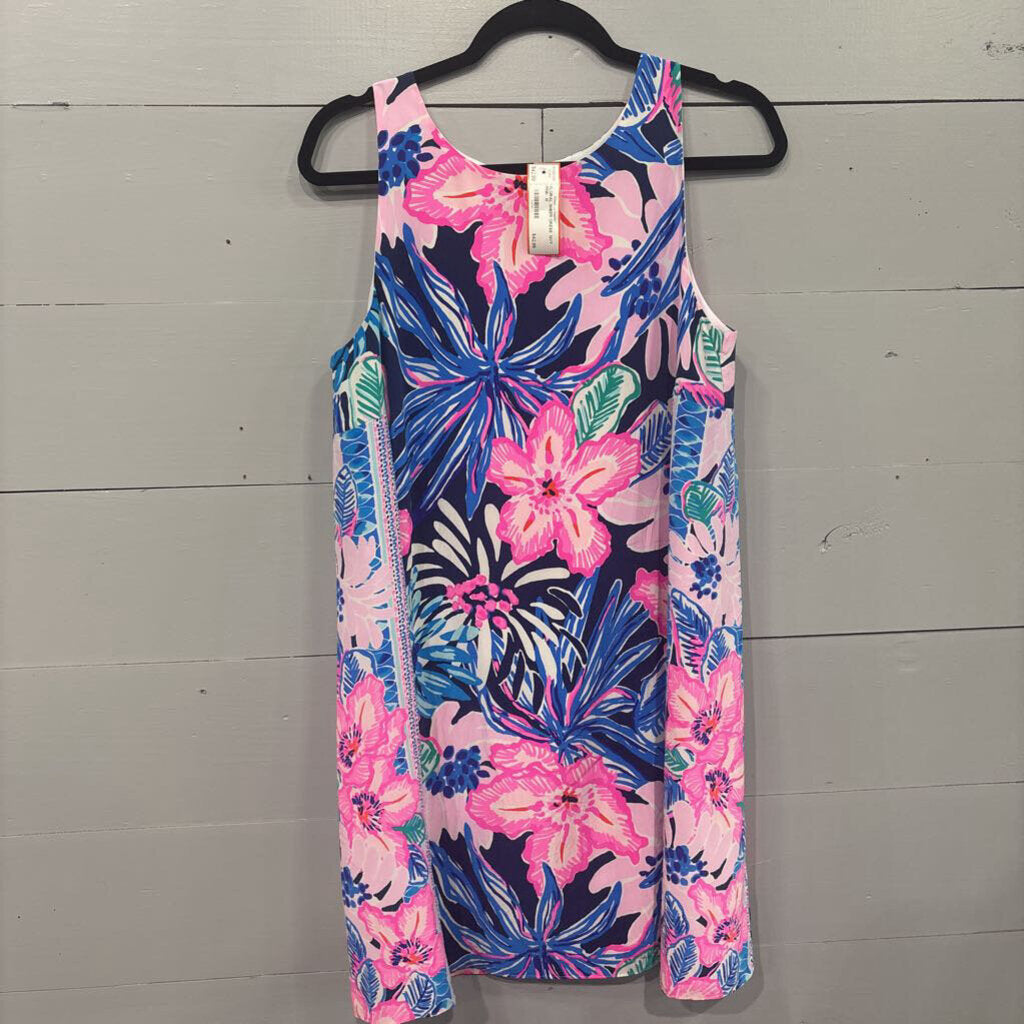 LILLY PULITZER,FLORAL SHEER DRESS ,NVY PINK ,M