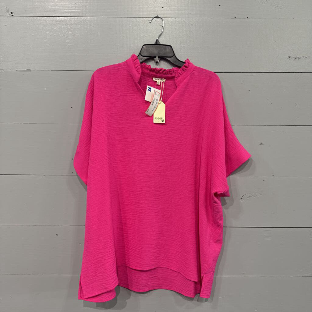 JODIFL,NWT RUFFLE NECK TOP ,PINK ,L