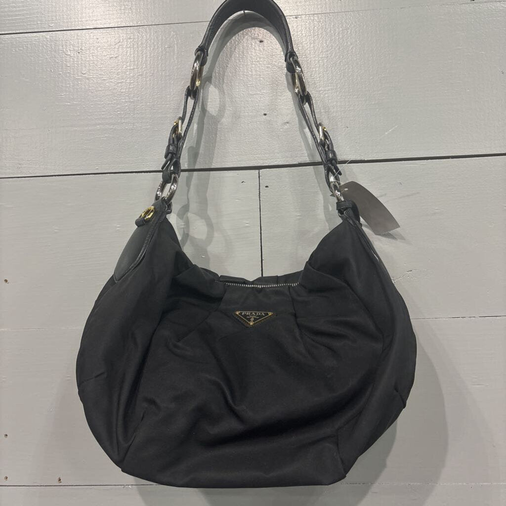 PRADA,AUTHENTIC NYLON LEATHER TRIMSHOULDER HANDBAG,BLK SILVER GOLD