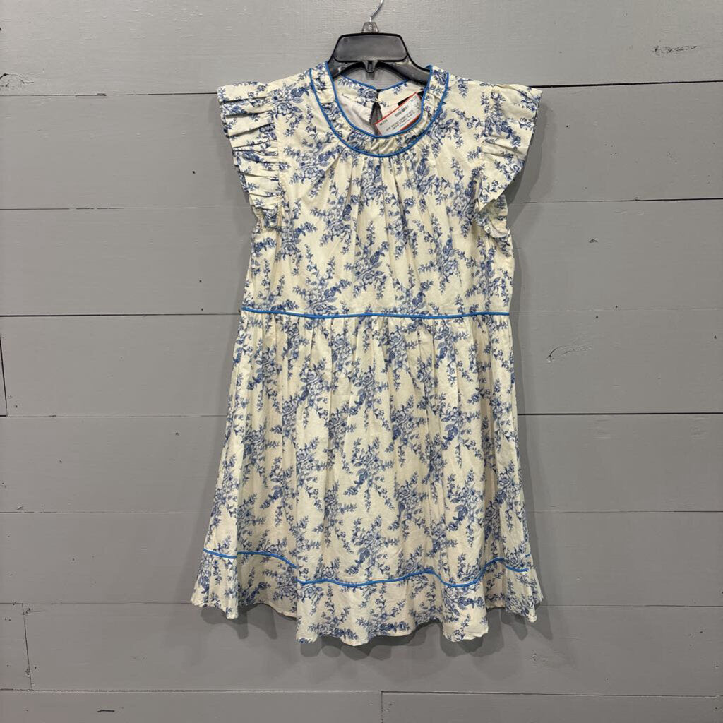 GIGIO,FLORAL RUFFLE SHORT SLEEVE DRESS,CREAM AND BLUE,M