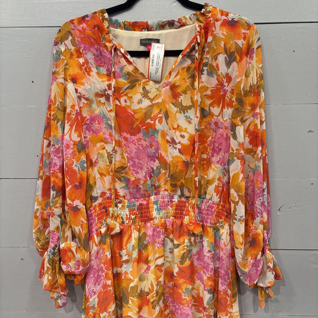 VINCE CAMUTO,*LONG FLORAL DRESS ELASTIC WAIST,ORANGE MULTI,LARGE