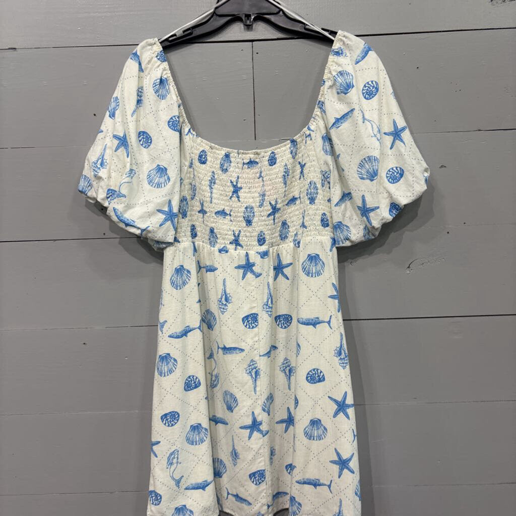 COPPER KEY,COASTAL PRINT V NECK DRESS,CREAM AND WHITE,XL