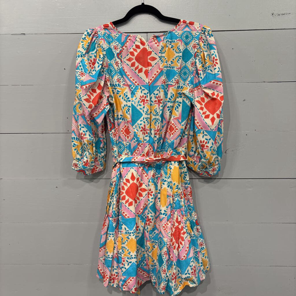 LAROQUE,PATCHWOR PLEATED DRESS,BLUE AND ORANGE,MEDIUM