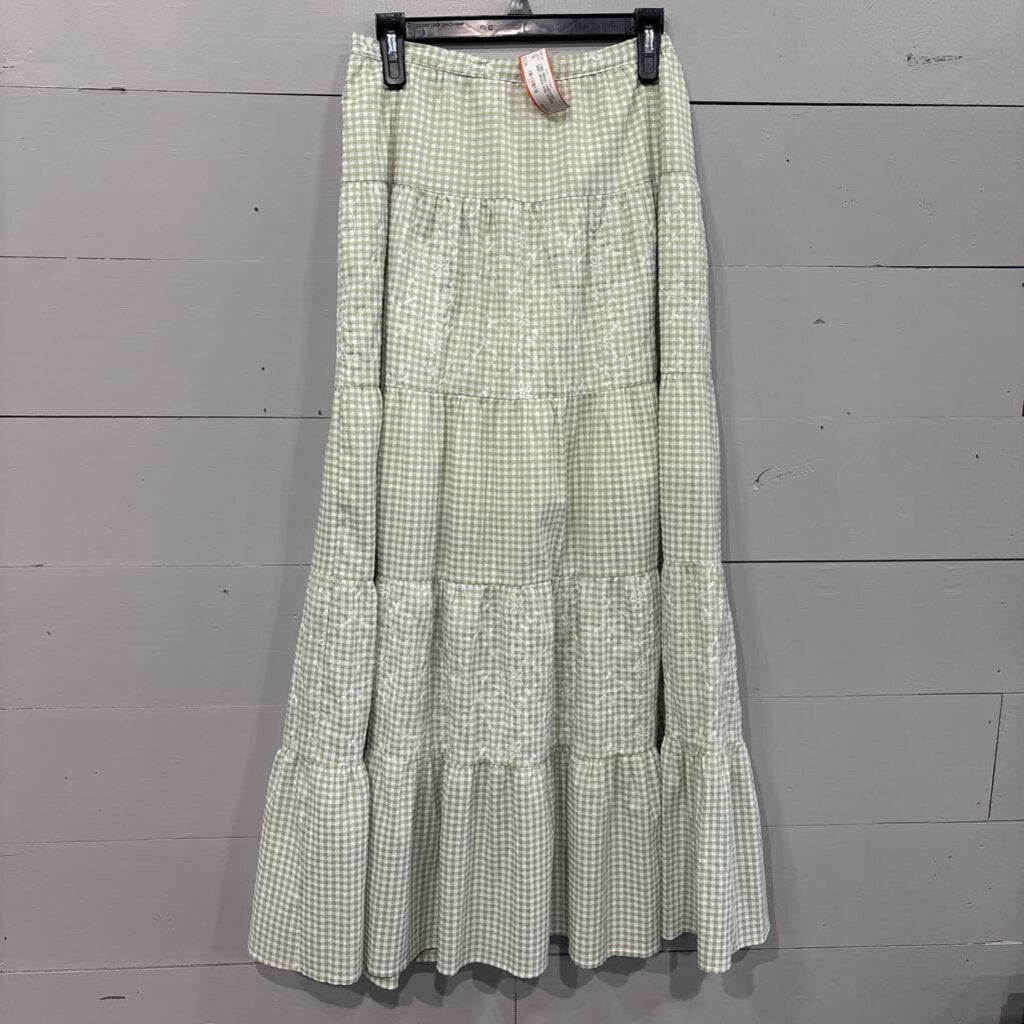 ALTERED STATE,LONG TIERED CHECKED SKIRT,GREEN AND WHITE,MEDIUM