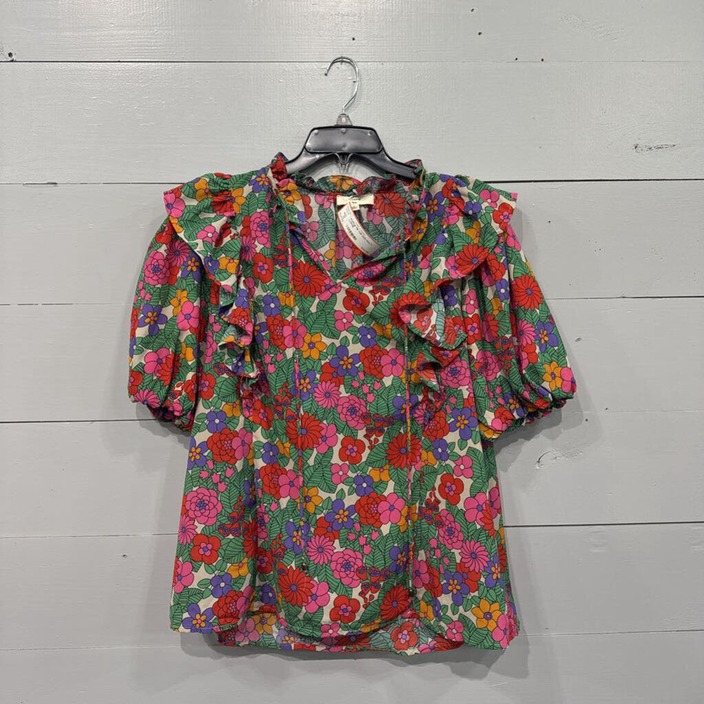 ENTRO,RUFFLE TIE TOP,RED MULTI,LARGE