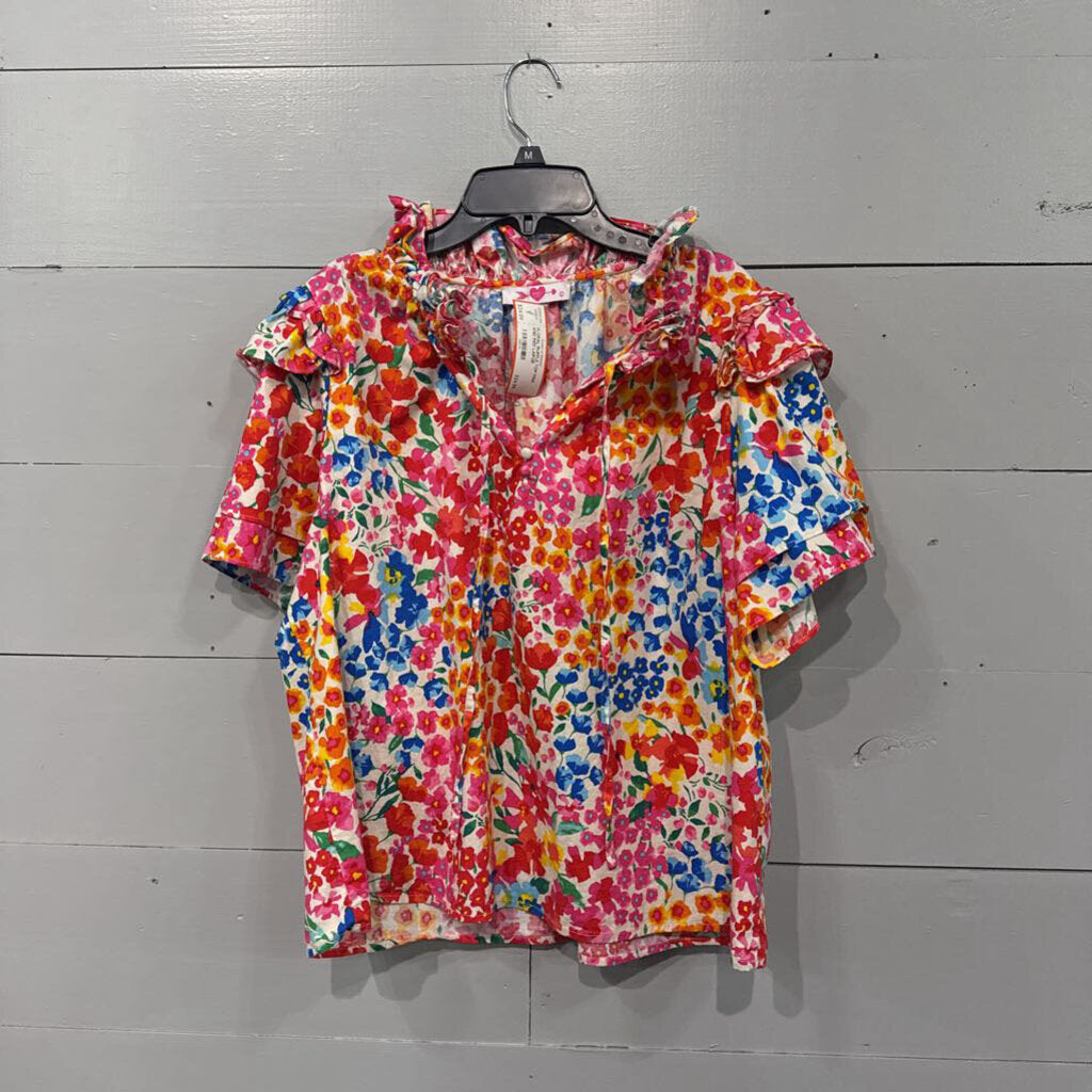 BUDDY LOVE,FLORAL RUFFLE TOP,PINK AND RED,LARGE