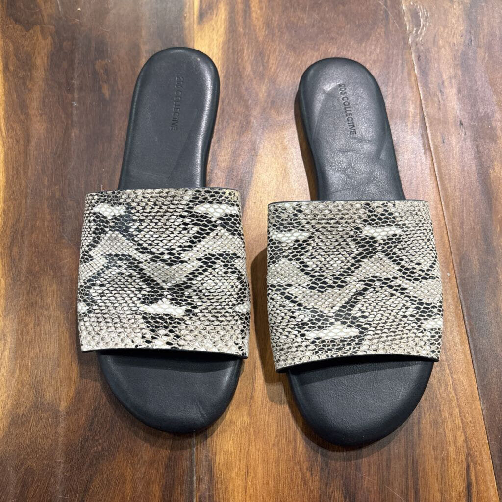 206 COLLECTIVE,LEATHER SNAKESKINSANDAL ,BLK WHITE ,8.5