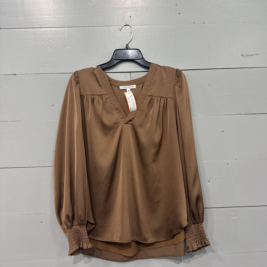 JOY JOY,SILKY V NECK TOP PUFF SLEEVES,BROWN,M