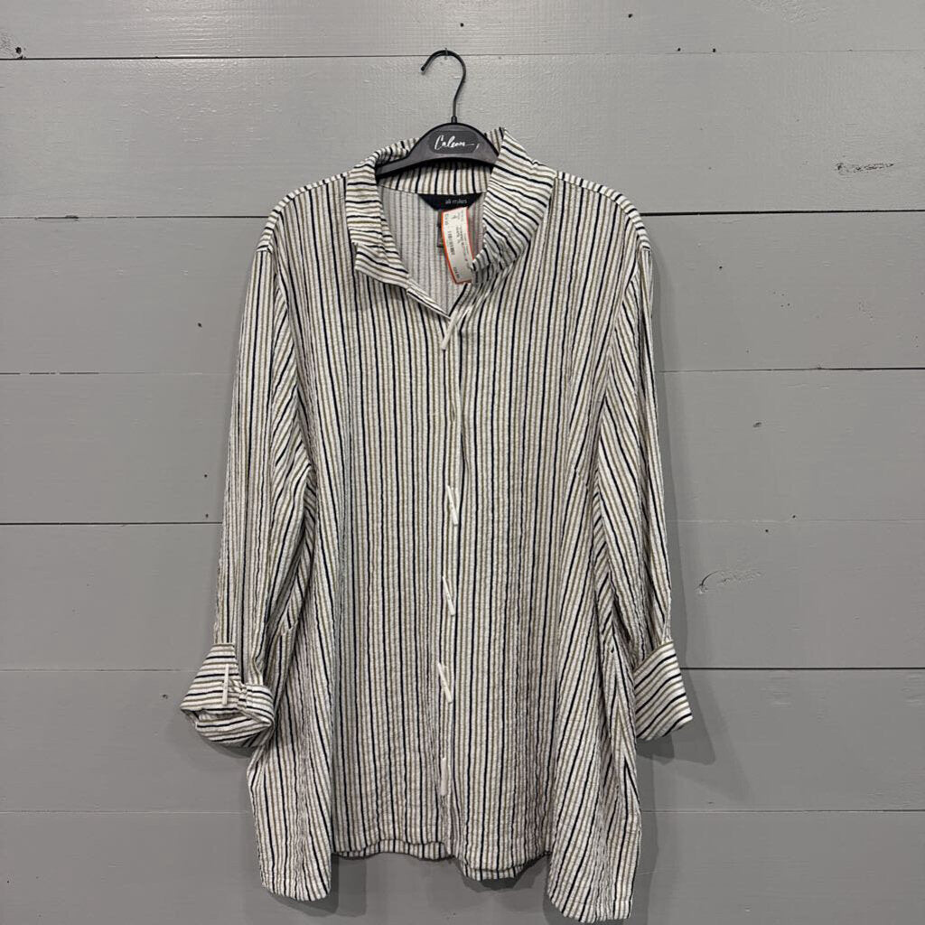 ALI MILES,*STRIPED BUTTON UP TOP,WHITE ,XL