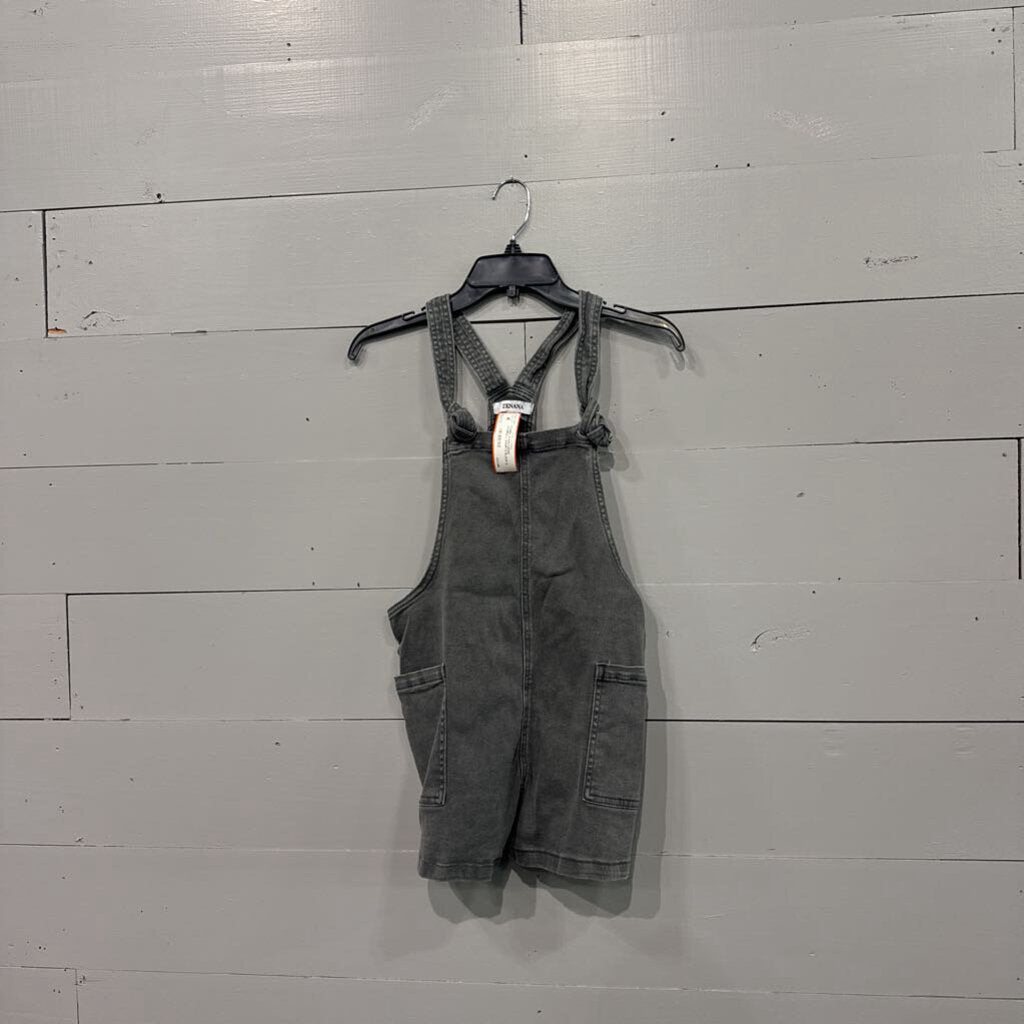 *DARK WASH DENIM OVERALL SHORTS,BLACK,S