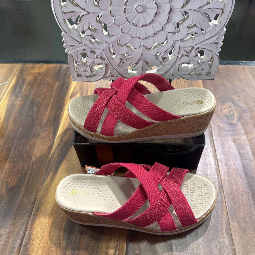 BZEES,JEWELED WEDGE SANDAL ,RED TAN ,8