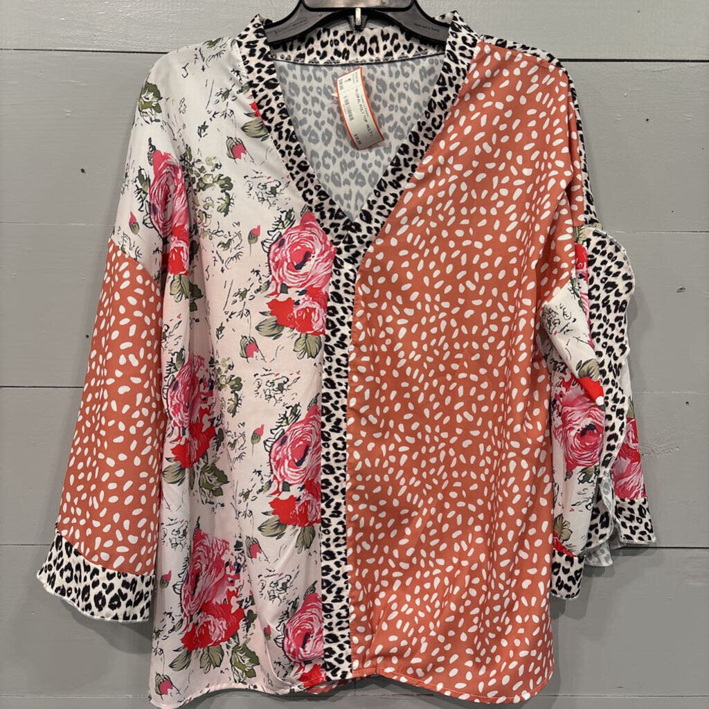 *FLORAL POLY TOP ,MULTI,L