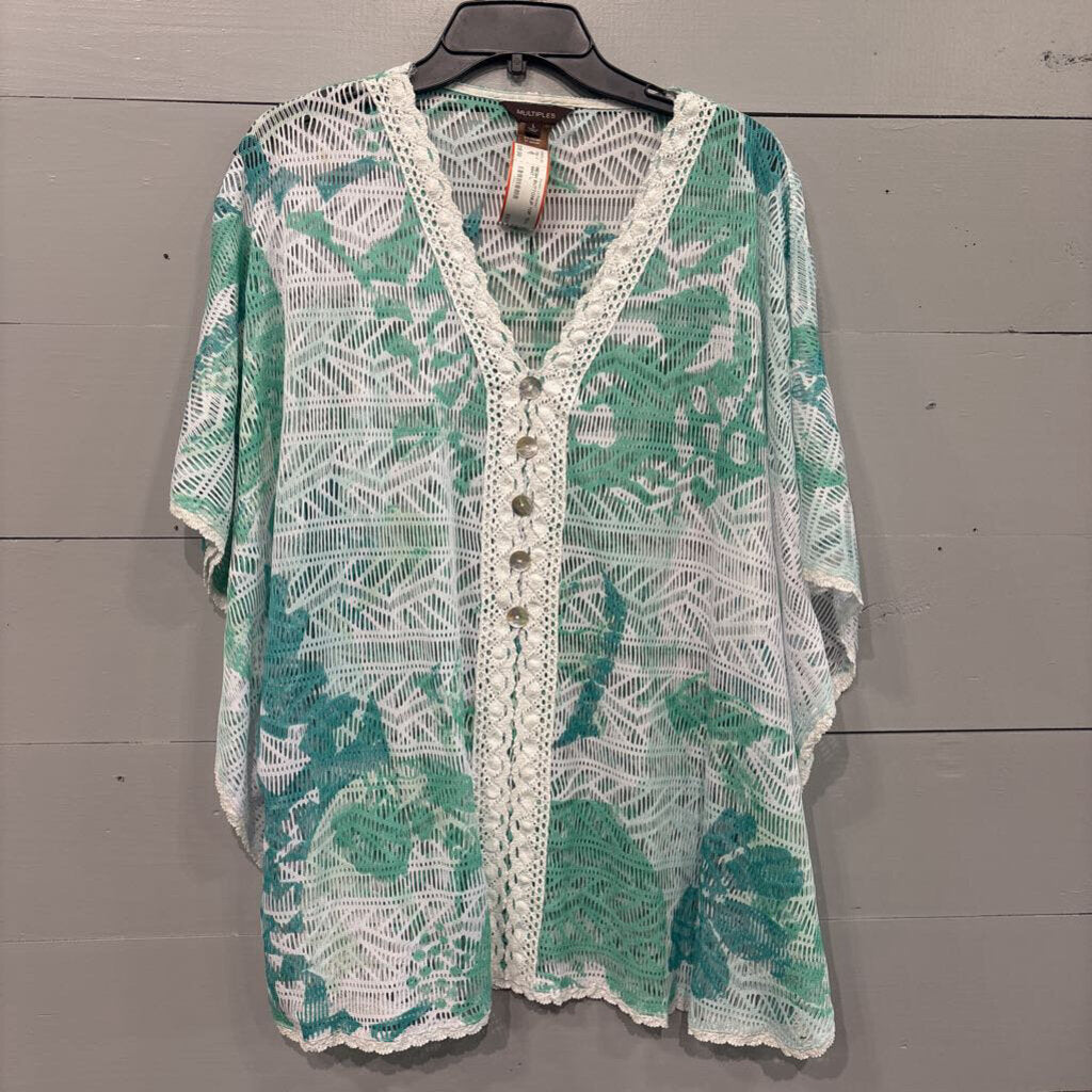 MULTIPLES,MESH BUTTONUP TOP ,TEAL WHT,L