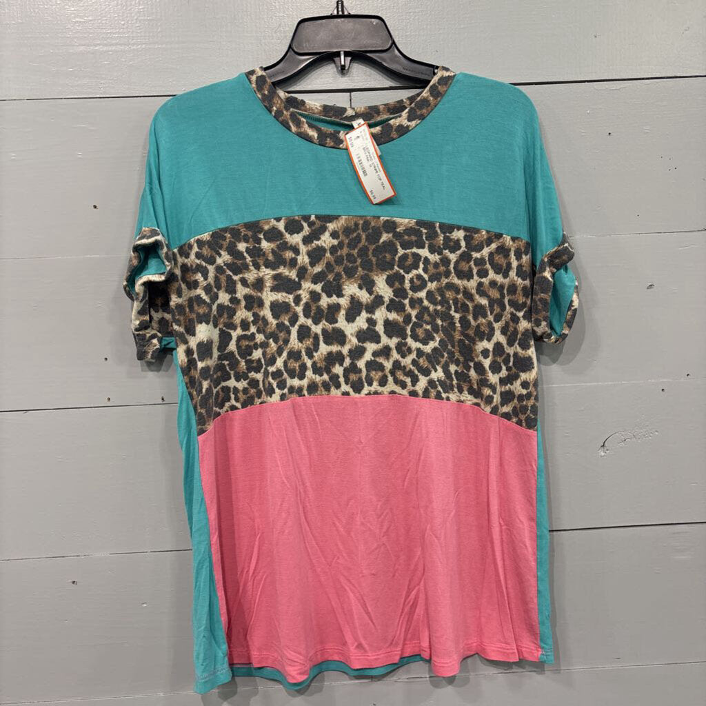 LEOPARD STRIPE TOP,TEAL BRN PINK ,M