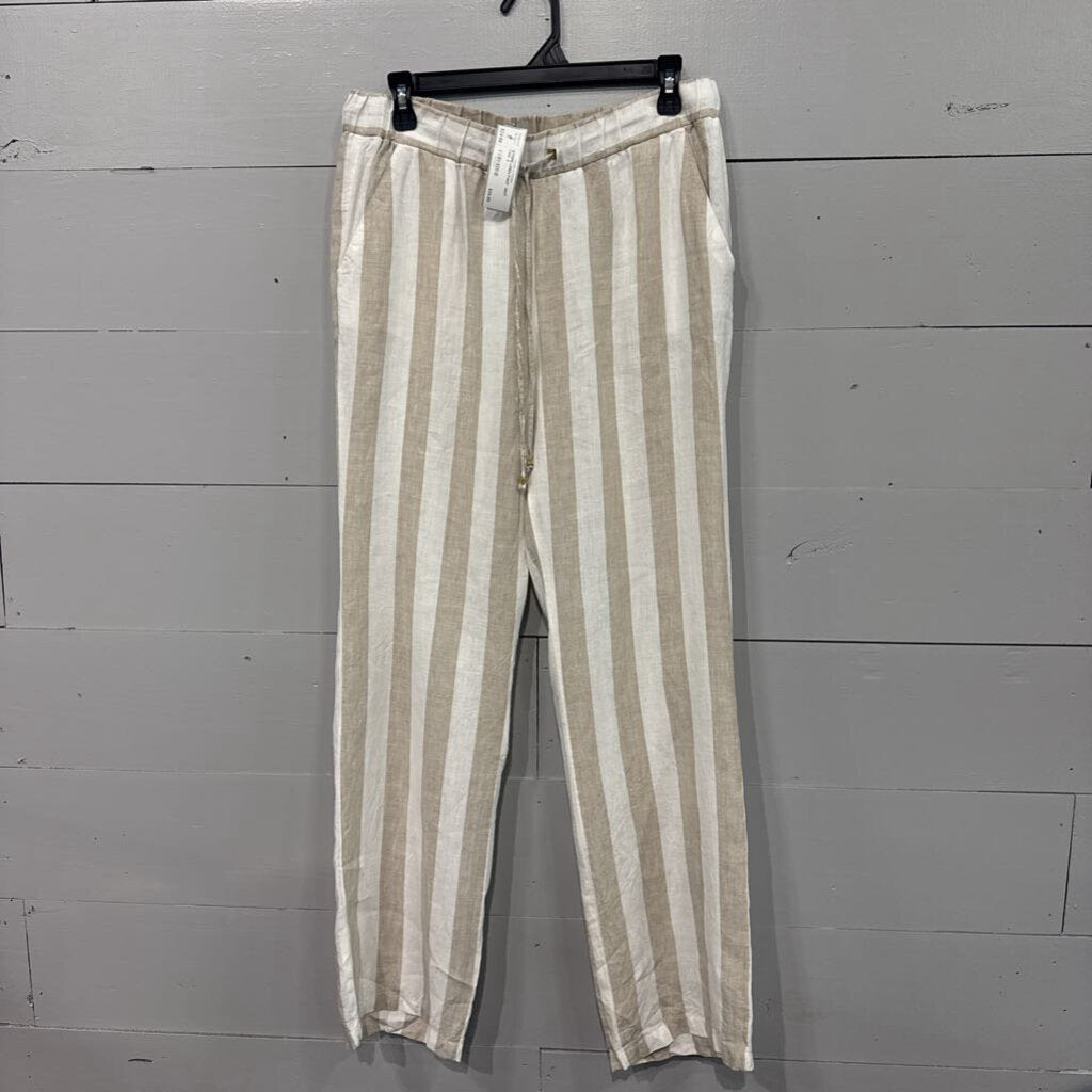 ELLEN TRACY,STRIPE LINEN PANT ,WHT TAN ,S