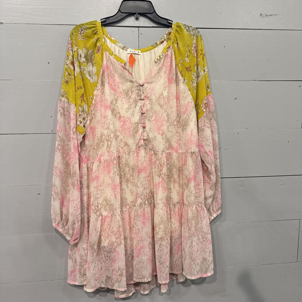KORI,PATTERNED SHEER DRESS,PINK YEL,M