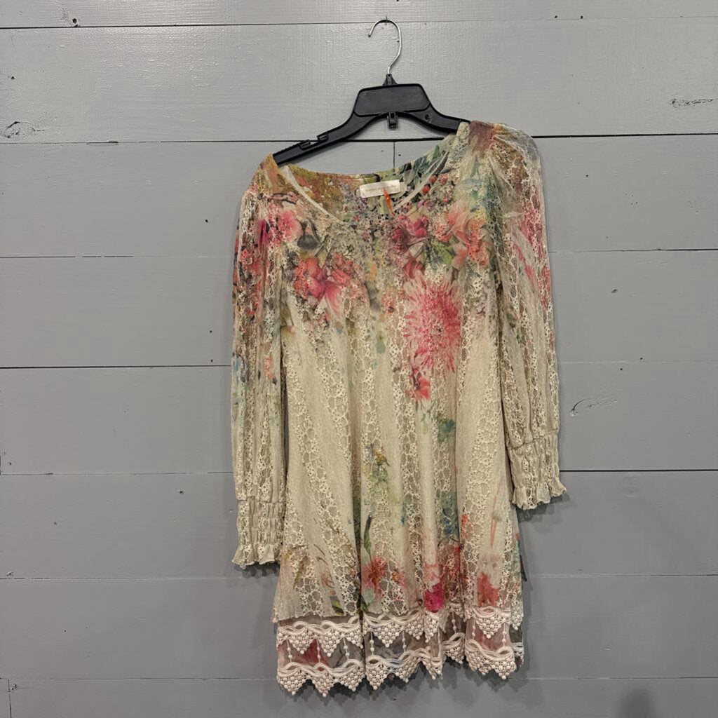 VICTORIAN HOUSE BRANSON,LACE FLORAL TUNIC TOP ,PINK YEL,L