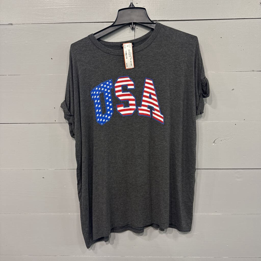 HEMISH USA,USA GRAPGIC TOP ,GRY RED WHT BLUE ,S