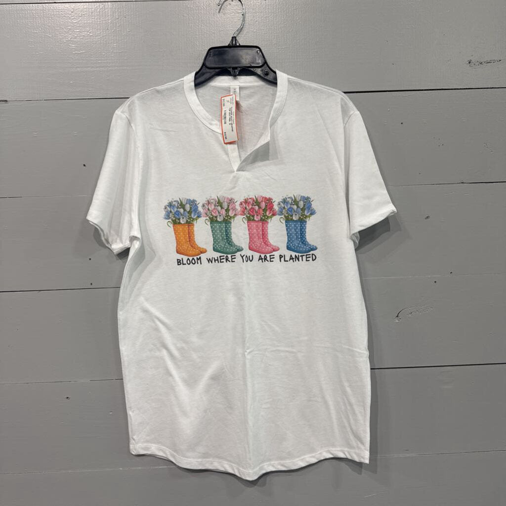 FLOWER BOOT GRAPHIC TOP,WHT PINK ,M