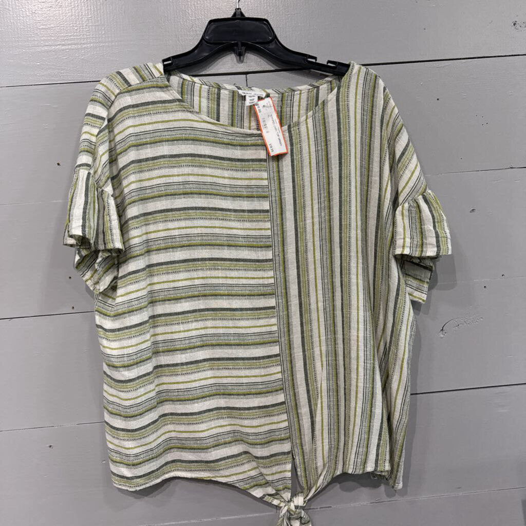 TRIBAL JEANS,*STRIPED LINEN TOP,GREEN,XL