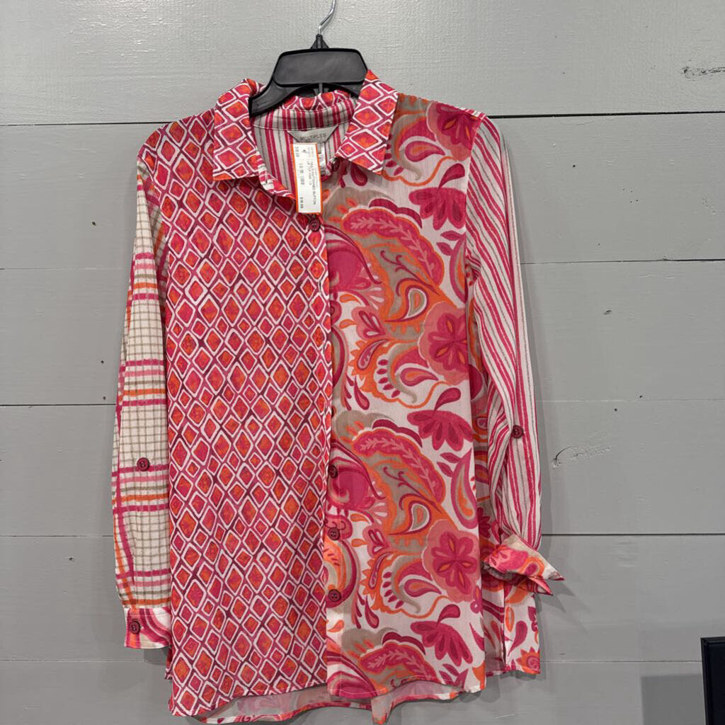 MULTIPLES,*MULTI PATTERNED BUTTON UP TOP,PINK,XS