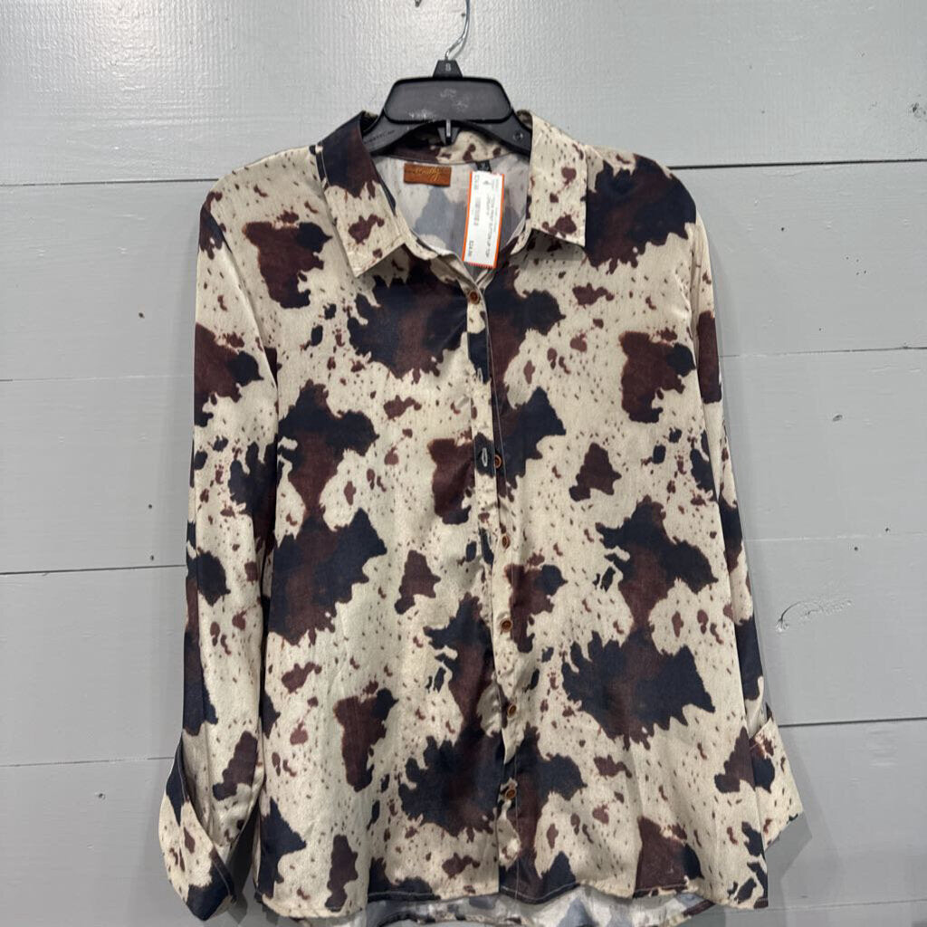 SCULLY,*COW PRINT BUTTON UP TOP,CREAM,M