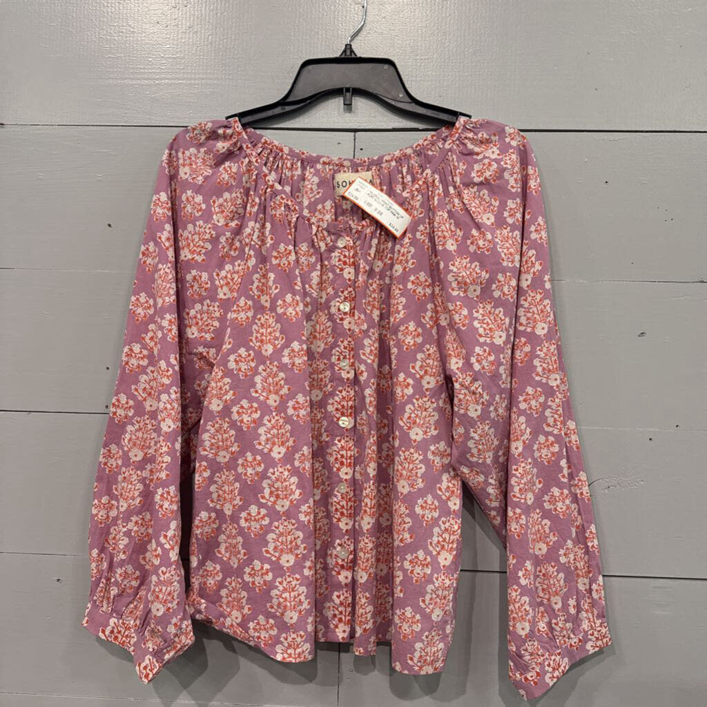 SOHANA,*FLORAL PRINT BUTTON UP PUFF SLEEVE TOP,PINK,M