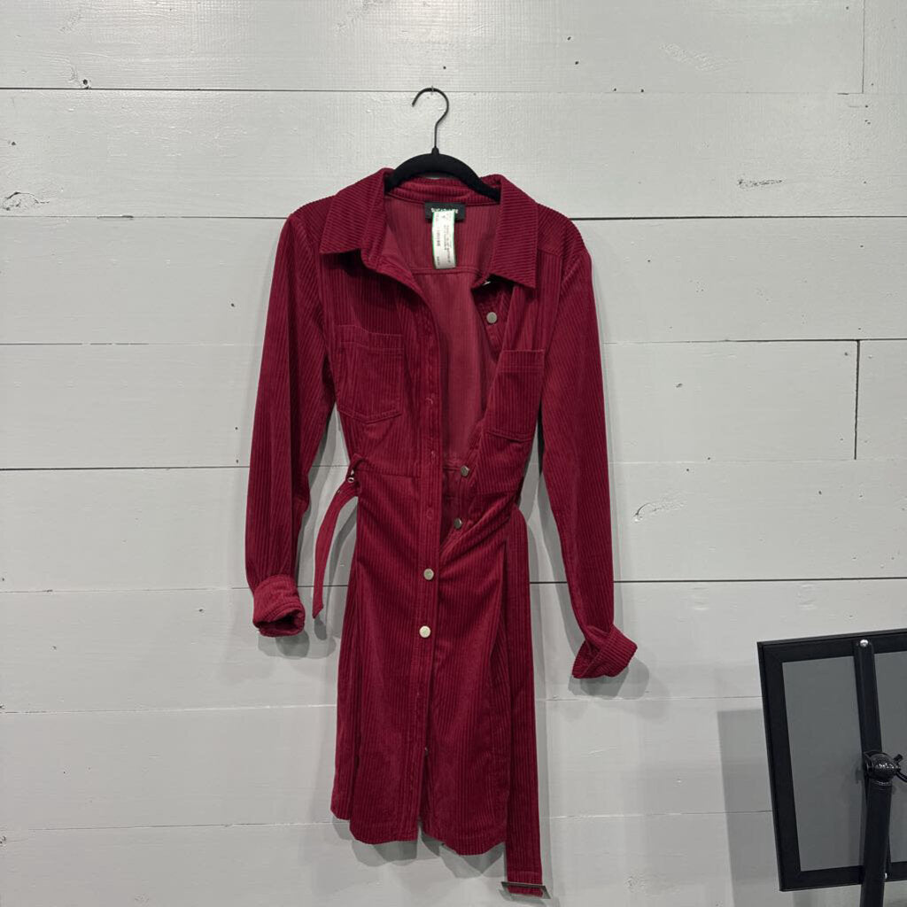 SUGAR LIPS,*RIBBED VELVET BUTTON UP DRESS,MAROON,M