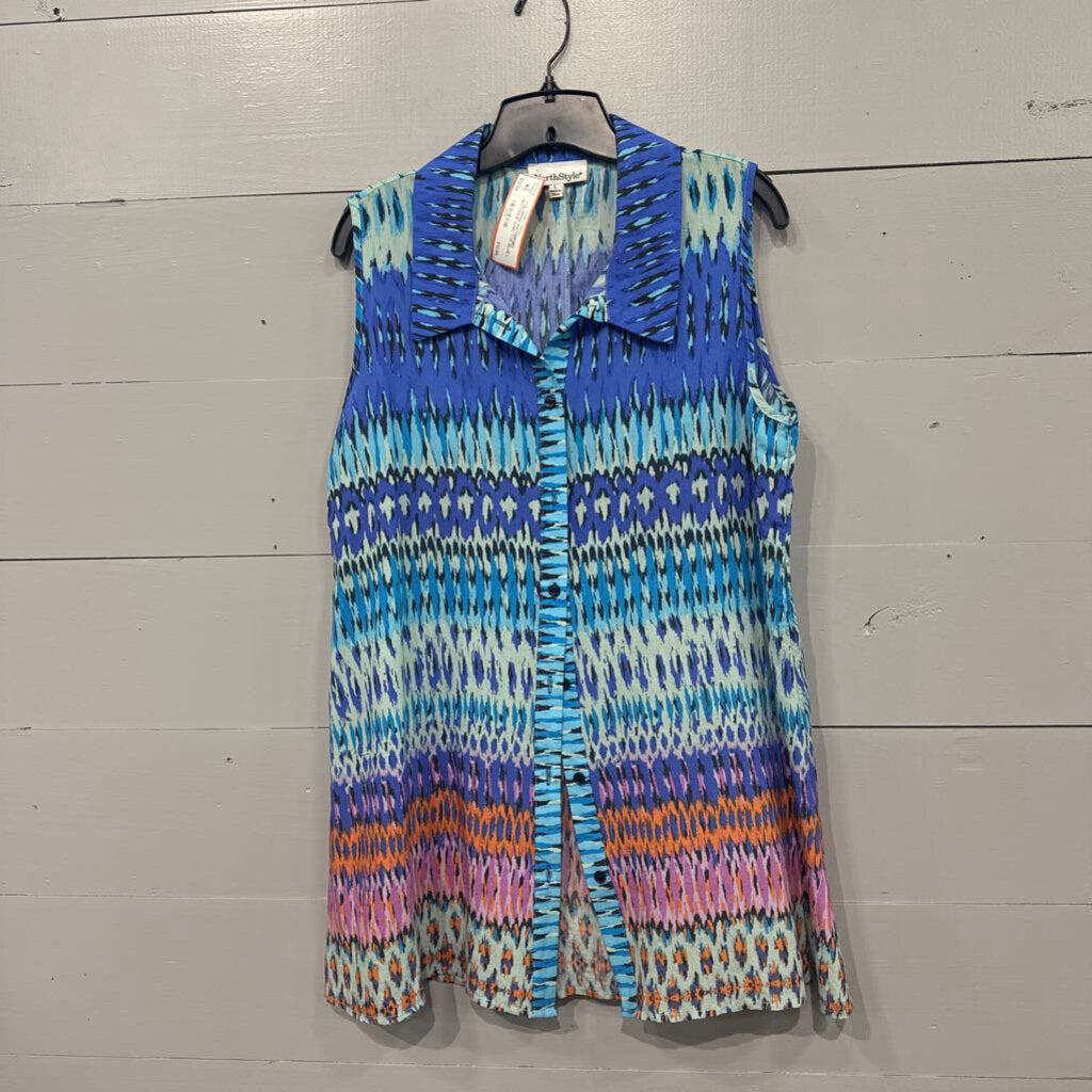 NORTH STYLE,*COLORFUL PATTERNED BUTTONUP TUNIC TOP,BLUE,L