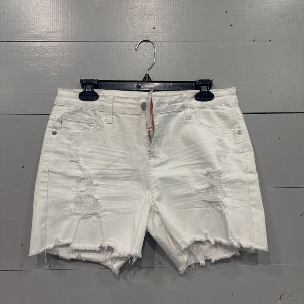 JUDY BLUE,*WHITE RIPPED EYELIT JEAN SHORTS,WHITE,L