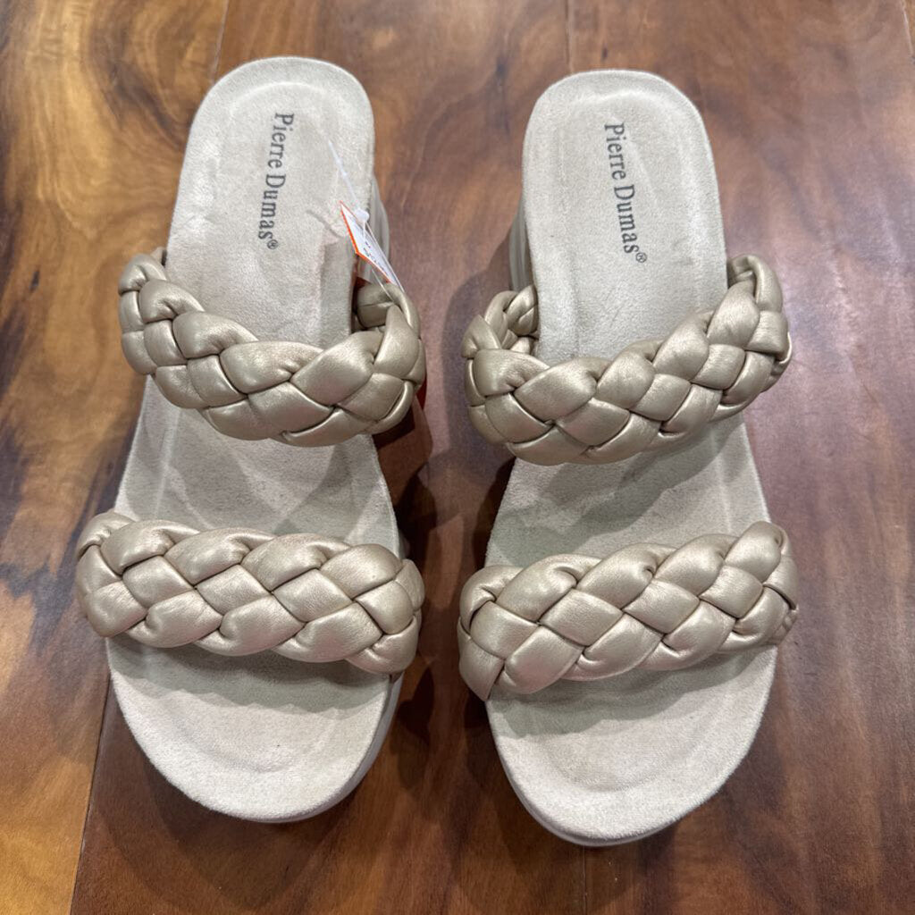 PIERRE DUMAS,BRAIDE WEDGE SANDAL ,CHAMPAGNE,9
