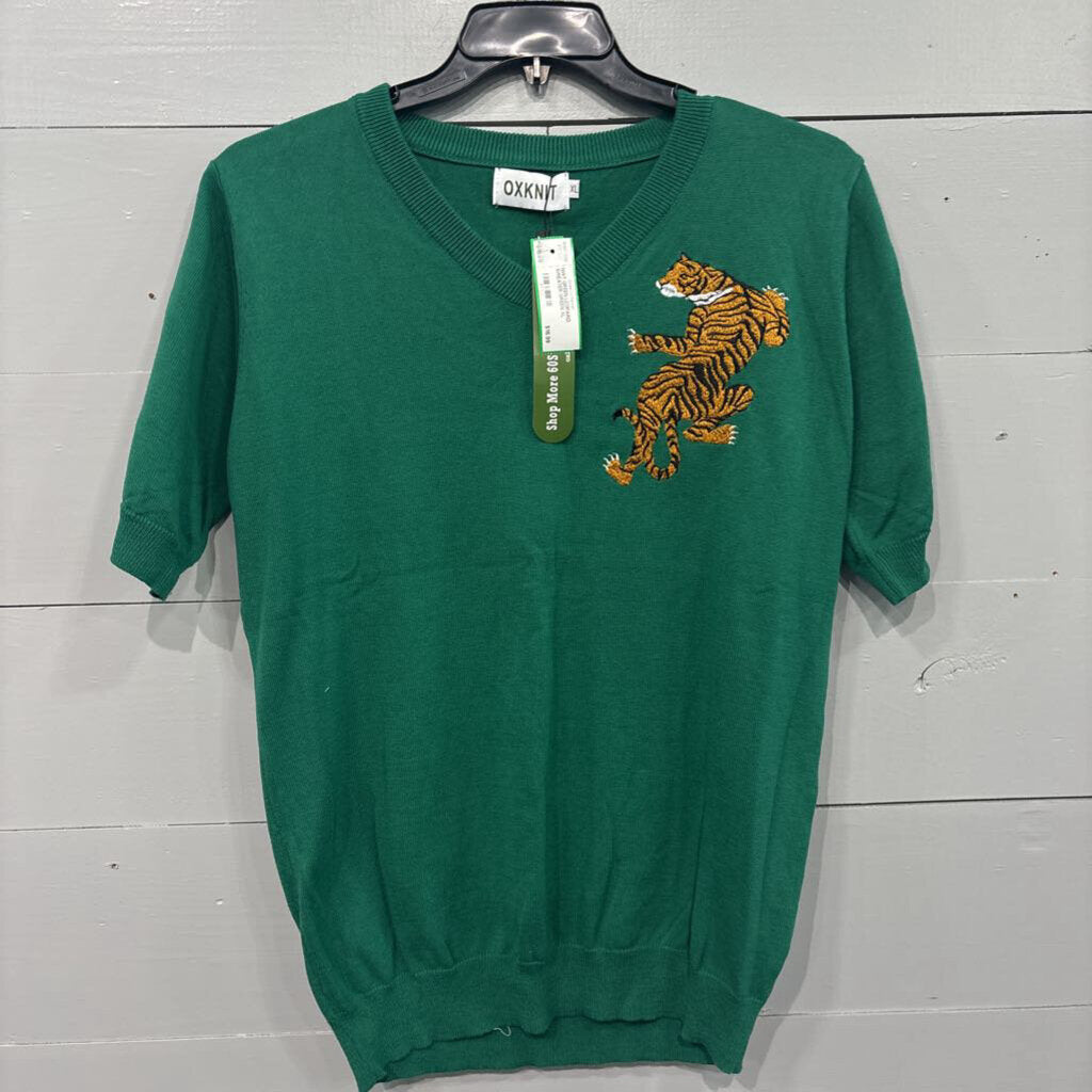 OXKNIT,NWT GREEN LEOPARD SWEATER,GREEN,XL