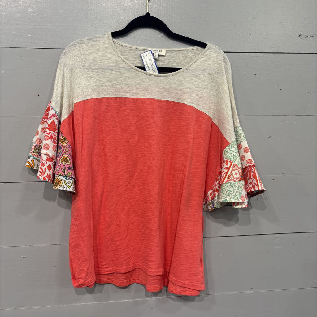 UMGEE,BASIC RUFFLE SLVE TOP ,GRY CORAL MULTI ,L