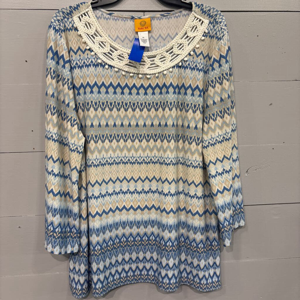RUBY RD,PATTERNED QRT SLVE TOP ,BLUE ,PXL