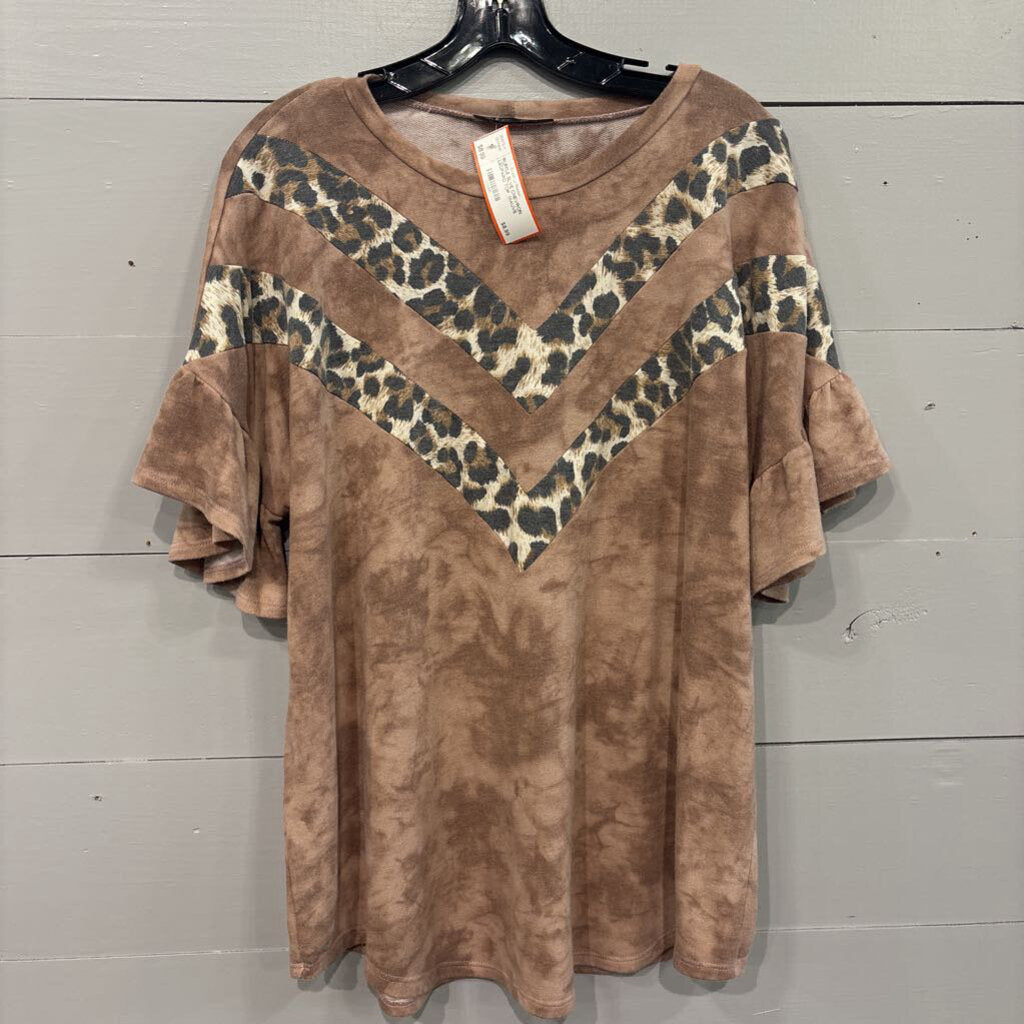 GLITZY GIRLZ,RUFFLE SLVE CHEVRON LEOPARD TOP ,MAUVE LEOPARD,XL