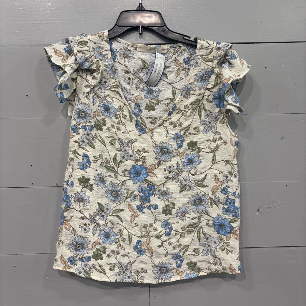 NANETTE LEPORE,FLORAL RUFFLE SLVE TOP ,WHT BLUE GRN ,XL
