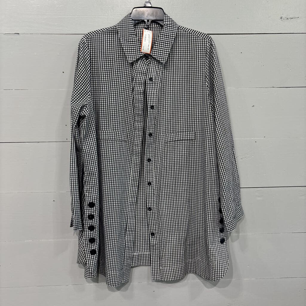 PLAID BUTTONUP TUNIC TOP,BLK WHT ,XL