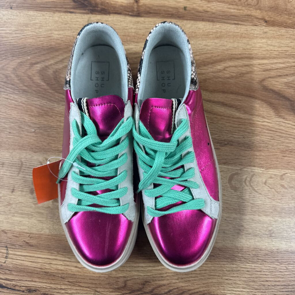 SHU SHOP,METALLIC TRENDY SNEAKER,PINK TEAL,8.5