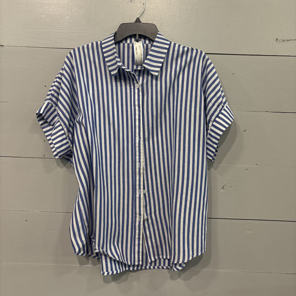 COLLARED STRIPE TOP,BLUE WHT,M