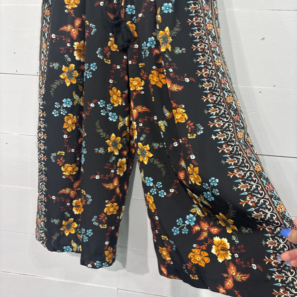 ZARA,PATTERNED FLOWY PANT ,BLK MULTI,S