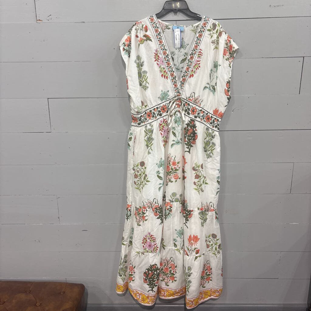 CECE,FLORAL DRESS ,WHT MULTI,XL