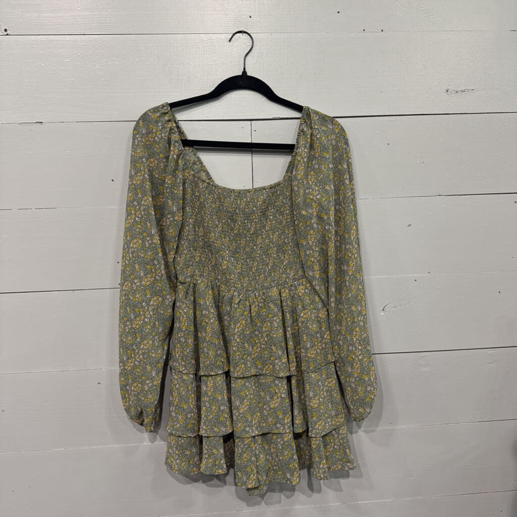 ENTRO,*RUFFLE FLORAL PUFF SLEEVE DRESS,GREEN,M