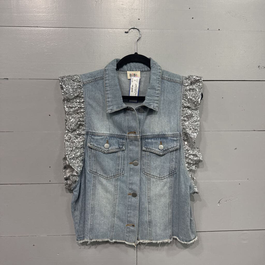 BIBI,*DENIM SEQUIN VEST TOP,BLUE SILVER ,M