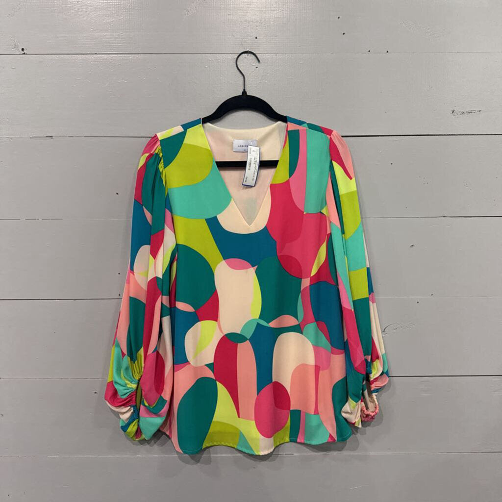 ADRIENNE,*V NECK PUFF SLEEVE TOP,MULTI,M